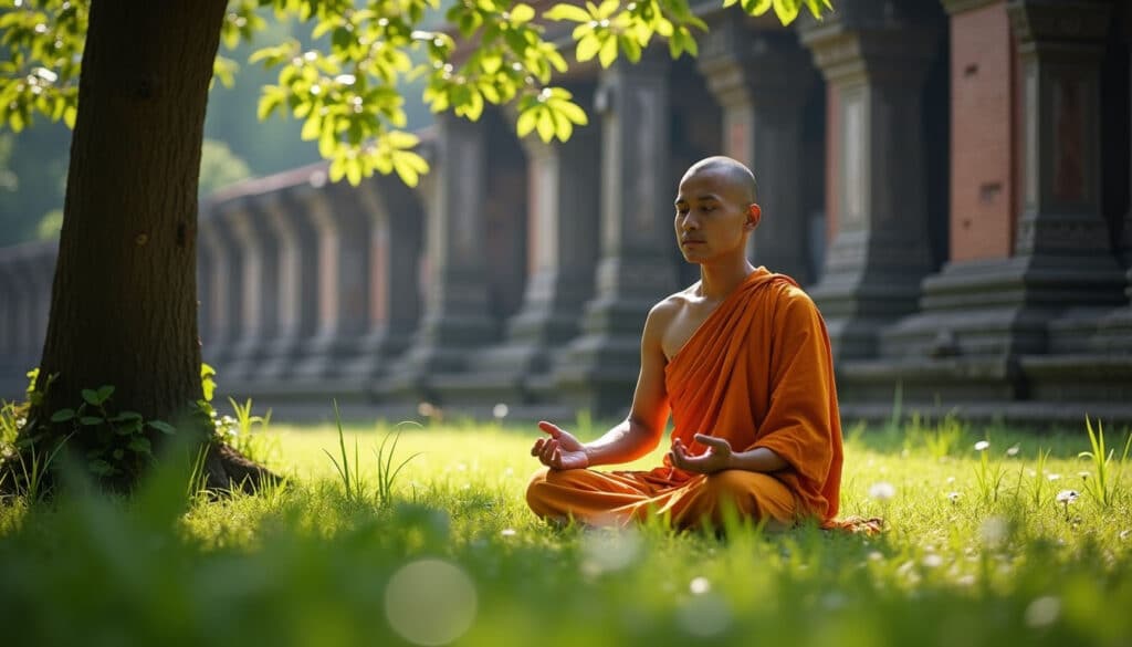 Tempel und Religion in Thailand a man meditating in the grass