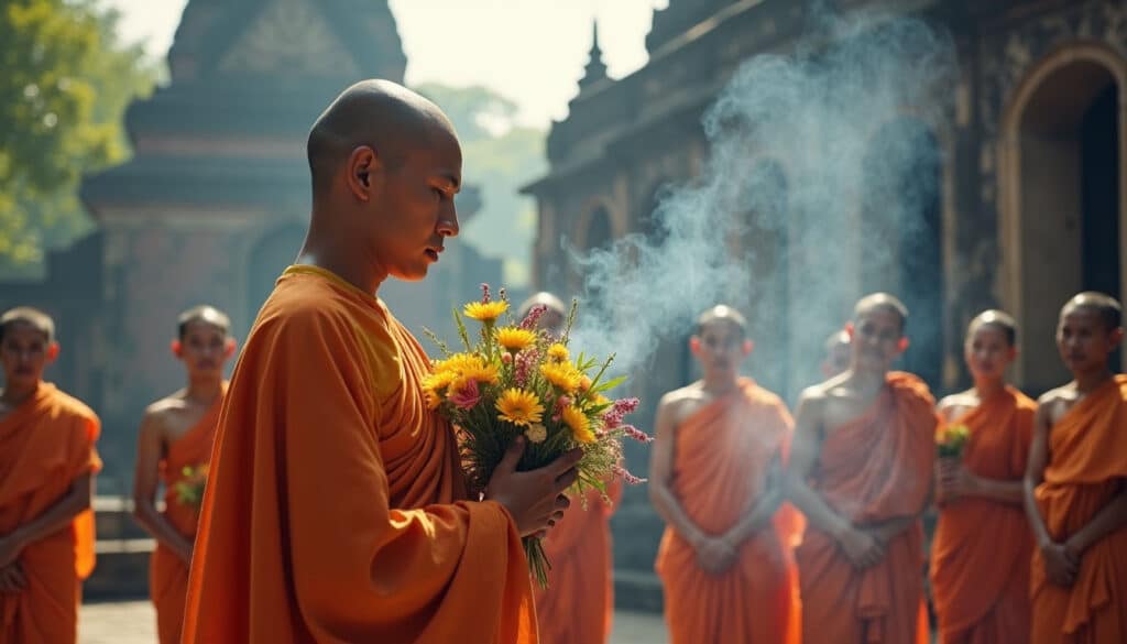 Tempel und Religion in Thailand a man in orange robes holding flowers