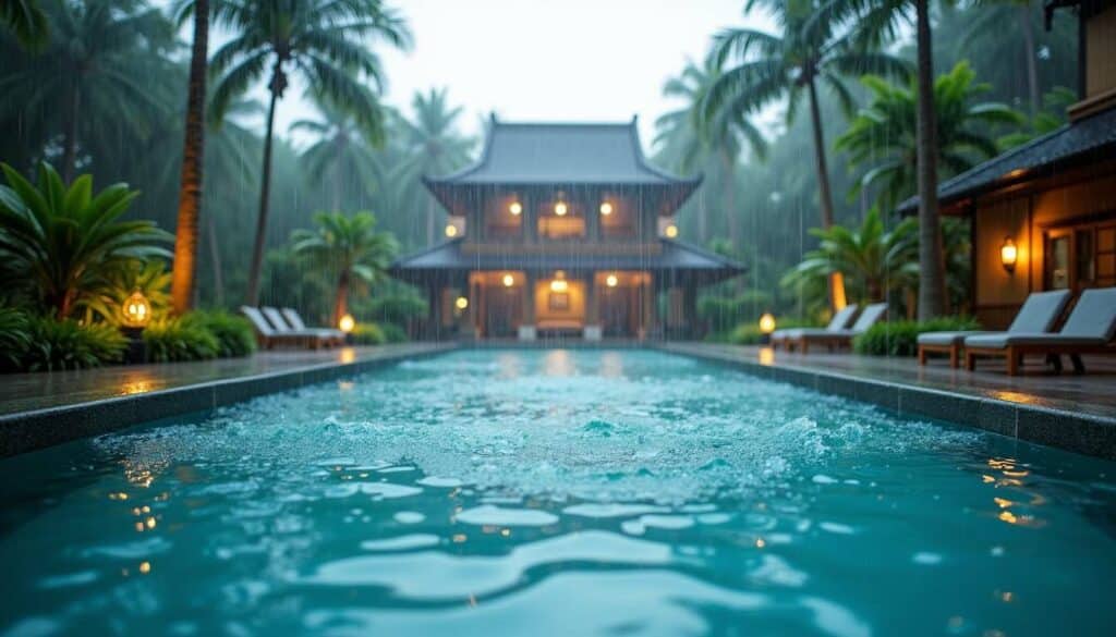 a pool in front of a building