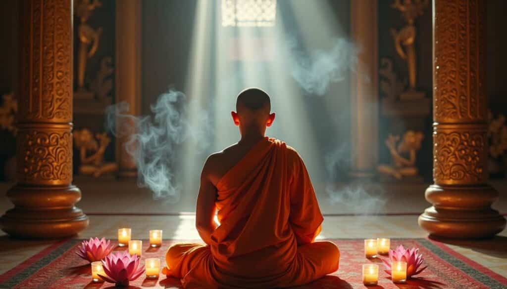 a monk sitting in a room with candles and light Spirituelle Kraft und Verehrung